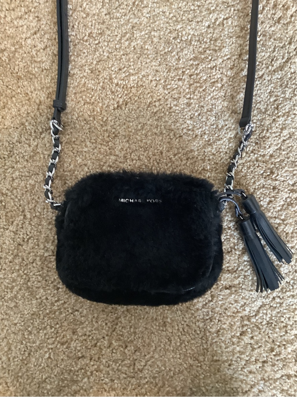 Michael Kors Black Faux Fur Crossbody with Chain-Accent Strap and Tassel